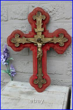 Antique French brass velvet fleur de lys wall crucifix religious