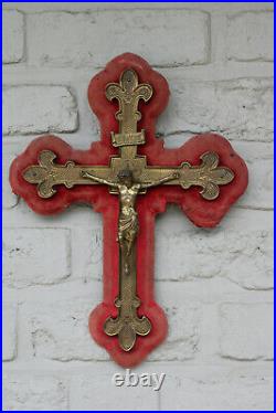 Antique French brass velvet fleur de lys wall crucifix religious