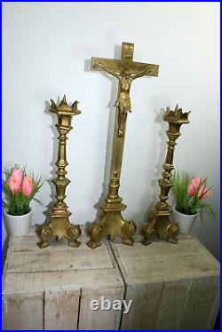 Antique French bronze church altar religious candle holder crucifix set
