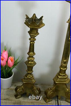 Antique French bronze church altar religious candle holder crucifix set