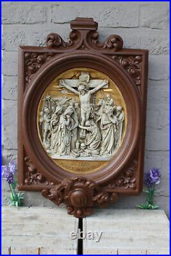 Antique French chalkware XL Cross station Relief very detailed religious panel