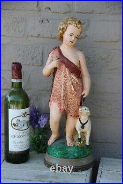 Antique French chalkware polychrome young john baptist Statue sheep religious