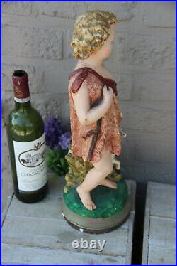 Antique French chalkware polychrome young john baptist Statue sheep religious