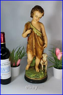 Antique French chalkware religious statue of Saint john the baptist sheep