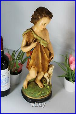 Antique French chalkware religious statue of Saint john the baptist sheep