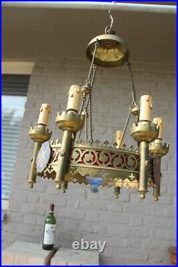 Antique French church Bronze enamel Neo gothic chandelier lamp religious