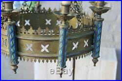 Antique French church religious chandelier neo gothic enamel 8 lamps rare cross