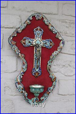 Antique French cloisonne enamel Religious wall plaque crucifix holy water font