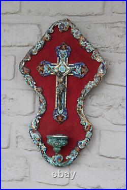 Antique French cloisonne enamel Religious wall plaque crucifix holy water font