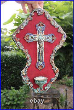 Antique French cloisonne enamel Religious wall plaque crucifix holy water font