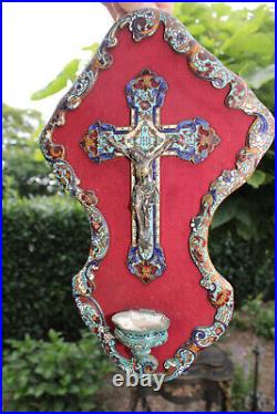 Antique French cloisonne enamel Religious wall plaque crucifix holy water font