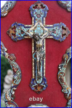 Antique French cloisonne enamel Religious wall plaque crucifix holy water font