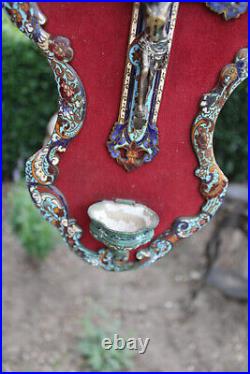 Antique French cloisonne enamel Religious wall plaque crucifix holy water font