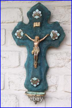 Antique French cloisonne enamel velvet crucifix holy water font religious