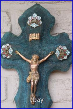 Antique French cloisonne enamel velvet crucifix holy water font religious