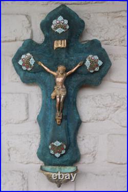 Antique French cloisonne enamel velvet crucifix holy water font religious
