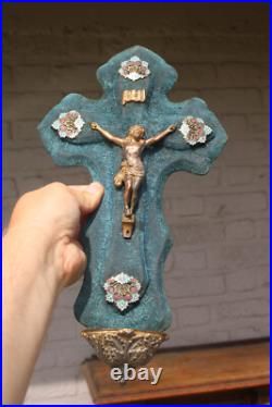 Antique French cloisonne enamel velvet crucifix holy water font religious
