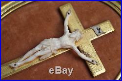 Antique French framed religious wall cross, crucifix, hand carved christ