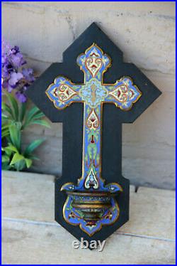 Antique French granite stone Cloisonne enamel Crucifix holy water font religious