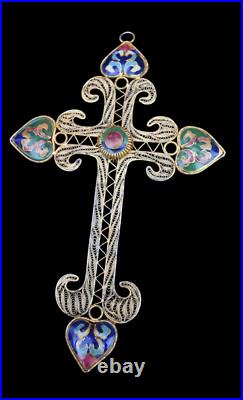 Antique French metal filigree enamel inlay decor crucifix cross religious