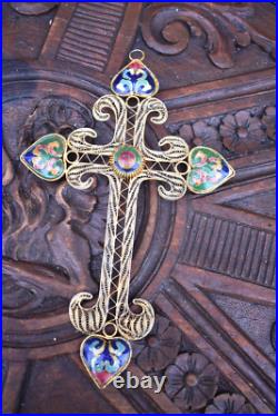 Antique French metal filigree enamel inlay decor crucifix cross religious