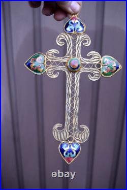 Antique French metal filigree enamel inlay decor crucifix cross religious