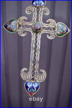Antique French metal filigree enamel inlay decor crucifix cross religious