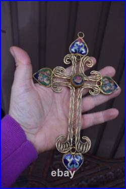 Antique French metal filigree enamel inlay decor crucifix cross religious