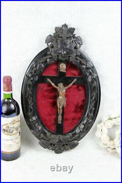 Antique French napoleon III Black wood carved crucifix bronze christ religious