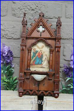 Antique French neo gothic wood carved holy water font religious angel