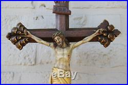 Antique French oak Wood carved polychrome christ crucifix religious
