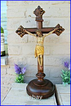 Antique French oak Wood carved polychrome christ crucifix religious rare