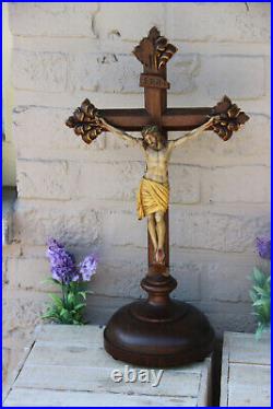 Antique French oak Wood carved polychrome christ crucifix religious rare
