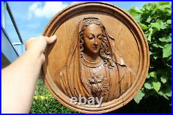 Antique French oak wood carved religious medaillon panel Madonna relief