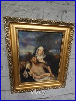 Antique French oil canvas pieta jesus painting religious
