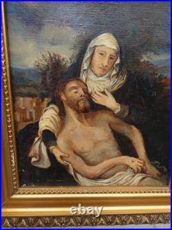 Antique French oil canvas pieta jesus painting religious