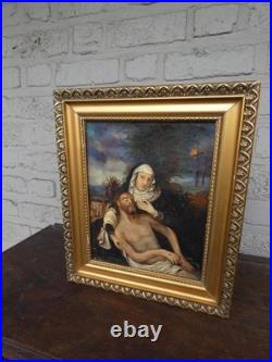 Antique French oil canvas pieta jesus painting religious