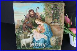Antique French oil canvas religious holy family painting lamb Signed initials
