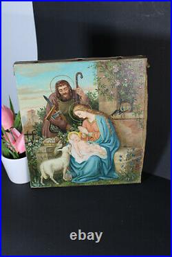 Antique French oil canvas religious holy family painting lamb Signed initials