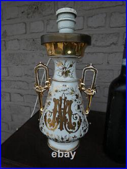 Antique French paris porcelain religious Maria Monogram Table lamp crucifix back