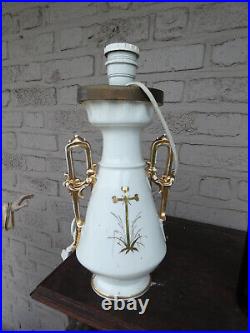 Antique French paris porcelain religious Maria Monogram Table lamp crucifix back