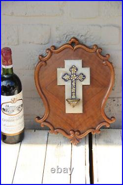 Antique French religious holy water font crucifix cloisonne enamel Wood frame