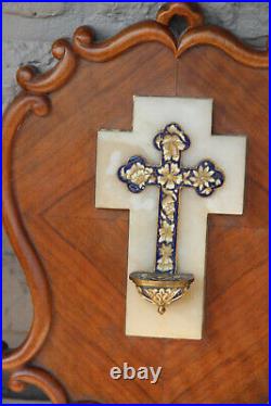 Antique French religious holy water font crucifix cloisonne enamel Wood frame