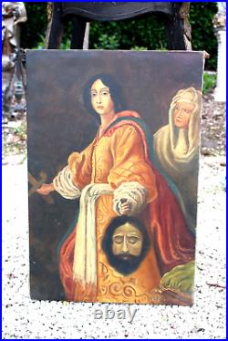 Antique French religious oil canvas painting saint judith with head holofernes