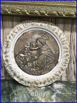 Antique French religious plaque cherub child priest wood frame chippy patina #9