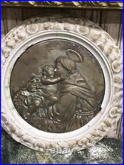 Antique French religious plaque cherub child priest wood frame chippy patina #9