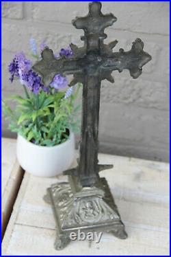 Antique French religious spelter crucifix cross 4 evangelists base symbols