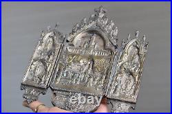 Antique French religious triptych silver plated bronze'Lourdes