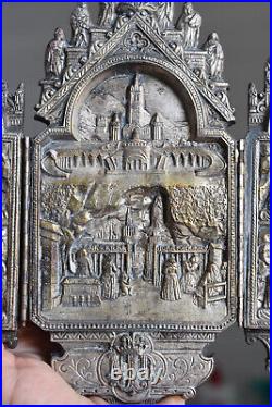 Antique French religious triptych silver plated bronze'Lourdes