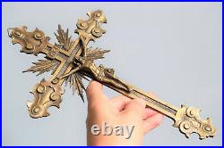 Antique French religious wall cross, crucifix bronze